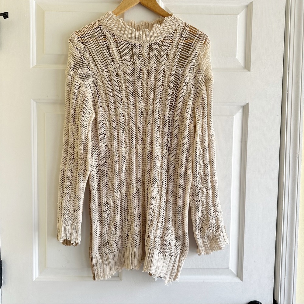Andersson Bell‎ Colorblock Perforated Fisherman Crew Neck Sweater Cream Sz Small